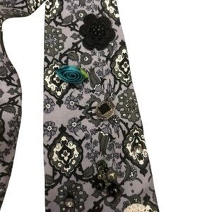 Silk Men’s Tie Black Charcoal Floral Pattern with Pins Flowers Punk Grunge